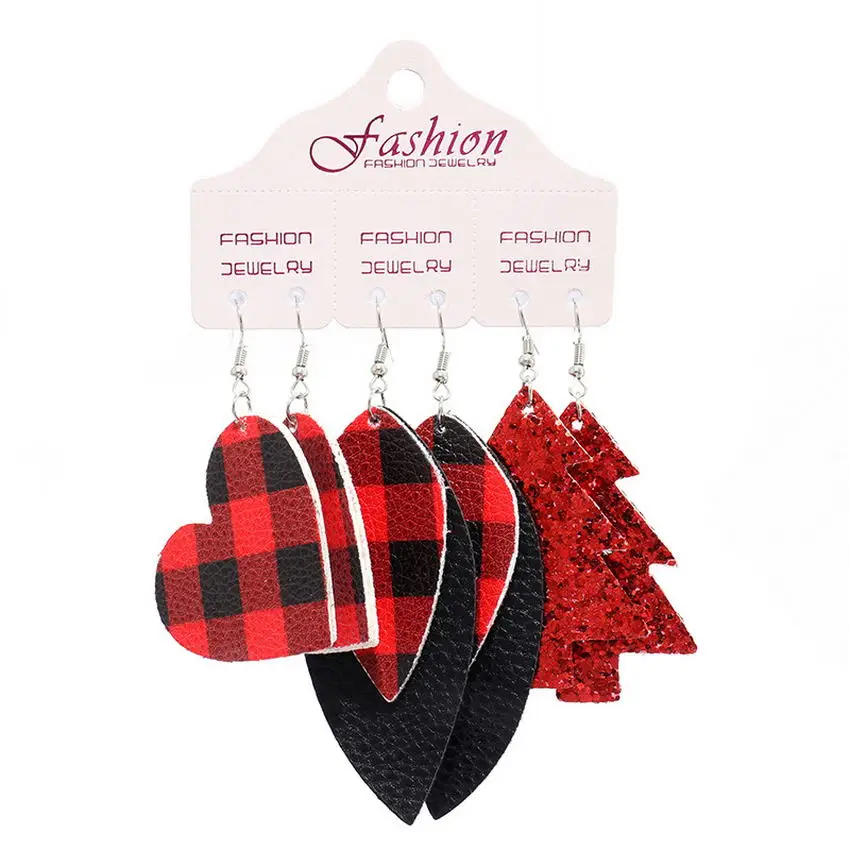 

3 Pairs/Set Buffalo Plaid Print Leather Christmas Earrings Set for Women 2021 New Glitter Christmas Tree Drop Earrings Jewelry