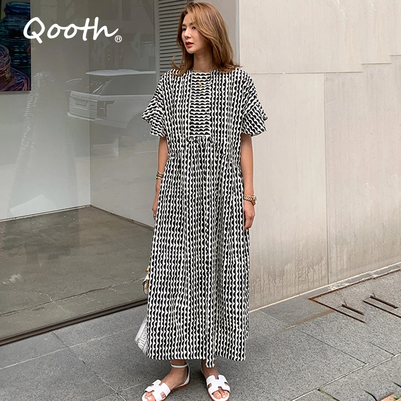 

Qooth летнее платье с рукавом-бабочкой и галстуком, пуловер с круглым вырезом, длинное платье с коротким рукавом, один размер, свободное модное...