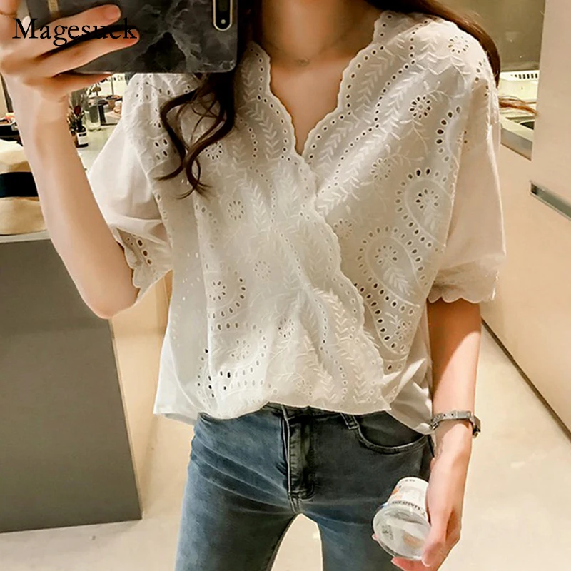 

Elegant 4XL Short Sleeve Summer Tops Korean Crochet Hollow Out Lace Woman Shirt V-neck Loose Ladies White Women Blouses 14090
