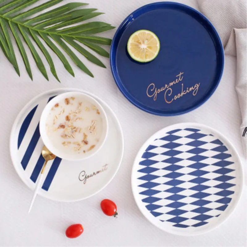 JO LIFE керамическая салатная миска Позолоченные блюда Nodic темно-синие полосы