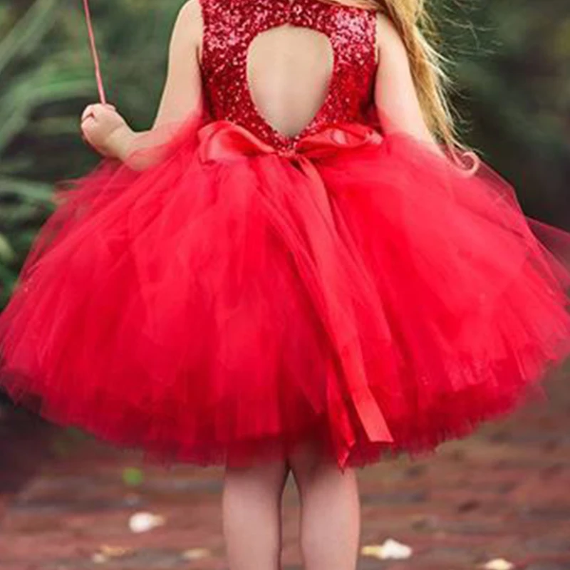 

Flower Girls Dresses Illusion Sequined Sleeveless Tulle Lace O-Neck Knee-Length Luxury Red Lovely Kids Party Princess Gown F285