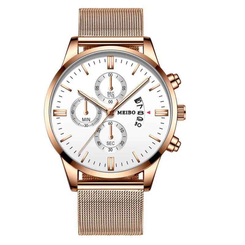 Rose gold white Тренд Высокое качество Мужские часы кожа кварц точность весы календарь большой циферблат ретро мужские повседневные спортивные часы Relogio - Цвет: Rose gold white