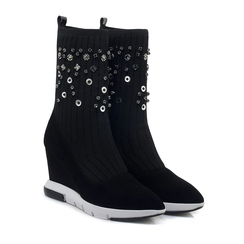 Женские ботильоны на платформе черные замшевые ботинки резиновой подошве с