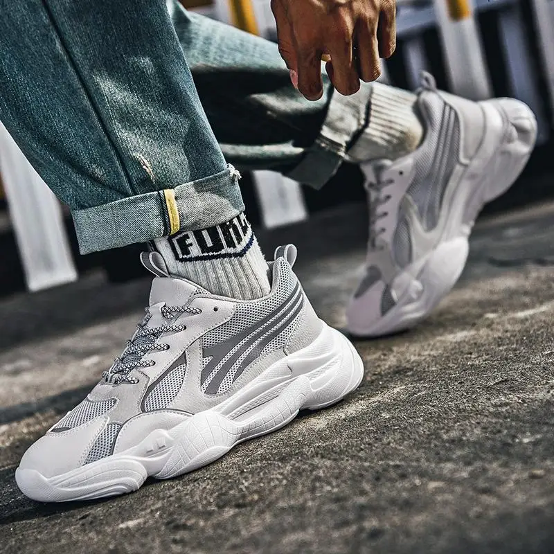 

Hot Men's Chunky Sneakers Fashion 2021 New Men Platform Shoes Lace Up Vulcanize Reflective Shoes Mens Running Trainers Dad Shoes