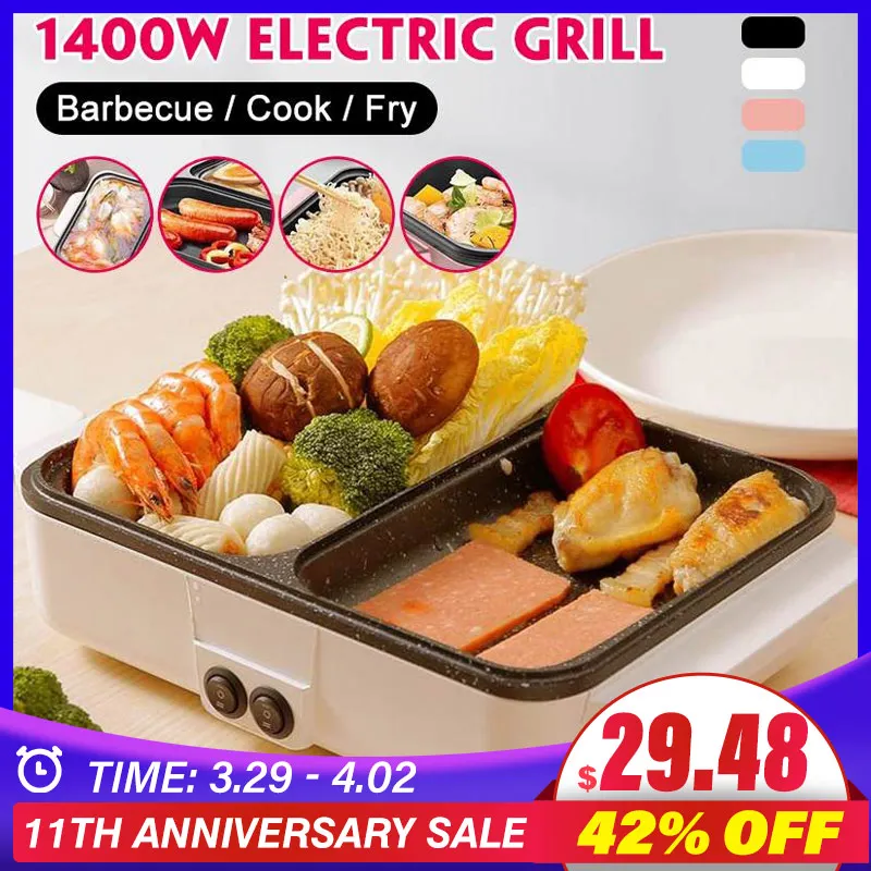 

1400W 220V 2 IN 1 Electric Hot Pot Cooker BBQ Grill Multifunctional Electric BBQ Grill Non Stick Plate Barbecue Pan Hot Pot