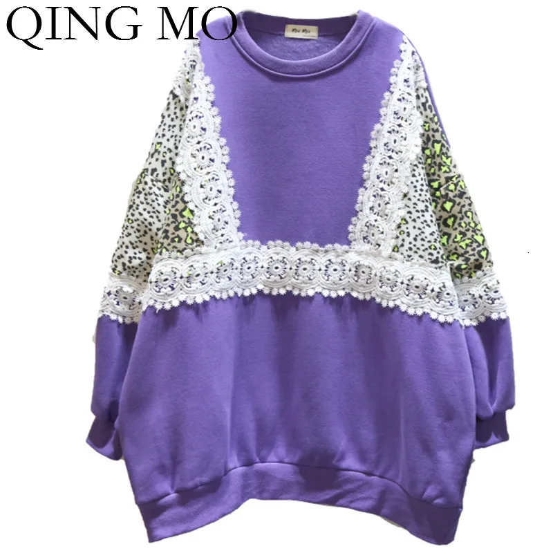 QING MO черный розовый фиолетовый женская зимняя толстовка 2019 Женская кружевная