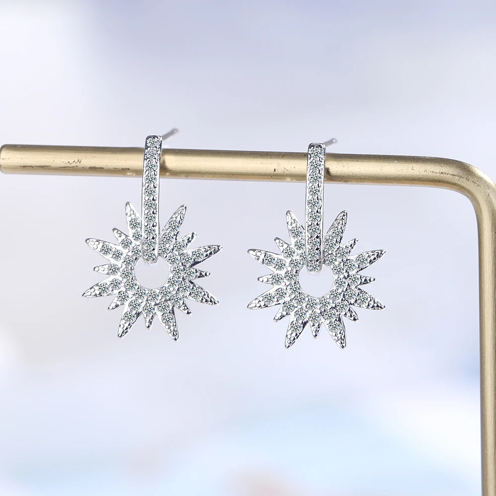 

LEKANI Bright Radiant Sun Stud Earrings for Women Clear CZ 925 Sterling Silver Ear Stud Wedding Engagement Jewelry BSE256