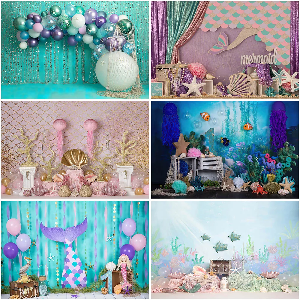 

Mermaid Princess Birthday Baby Shower Backdrop Photography Ocean Underwater World Cake Smash Photo Props Studio Booth Background