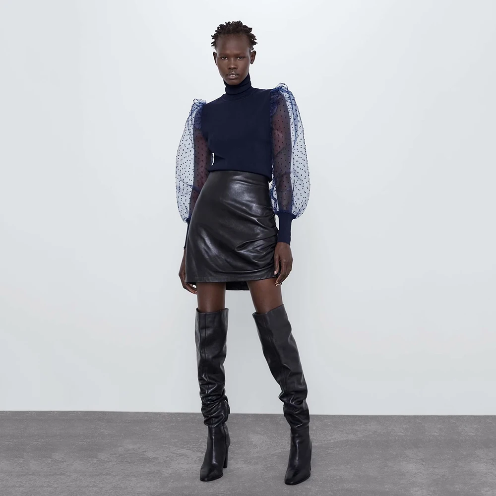 Женский свитер с воротником-стойкой ZA трендовый длинными рукавами и эластичными