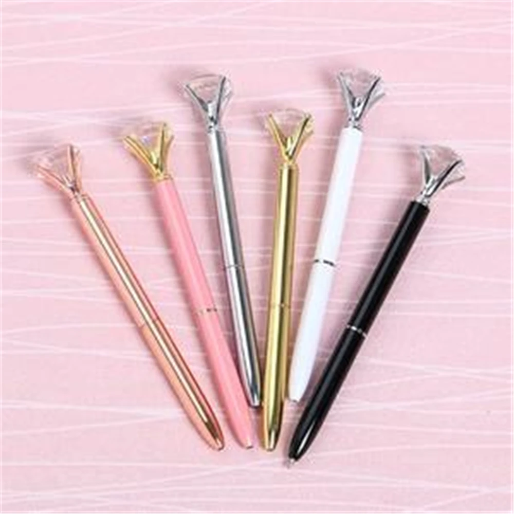 Кавайная шариковая ручка большая металлическая с крупными бриллиантами синяя и