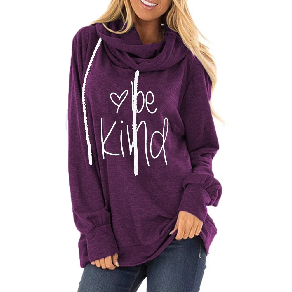 

Amazon cross border popular women's drawstring Hooded Sweater Europe and America be kind letter printed round neck long sleeve