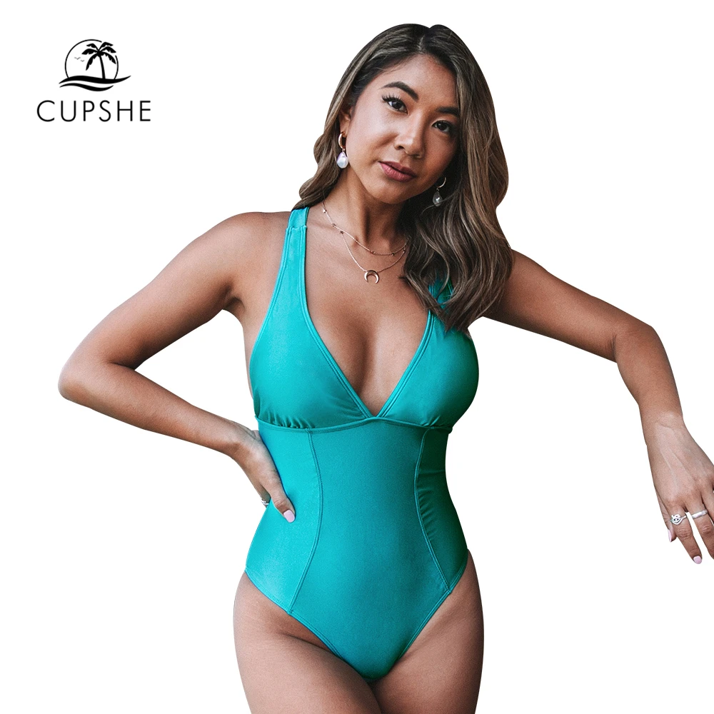 CUPSHE Одноцветный цвета морской волны голубой v образный вырез Цельный купальник