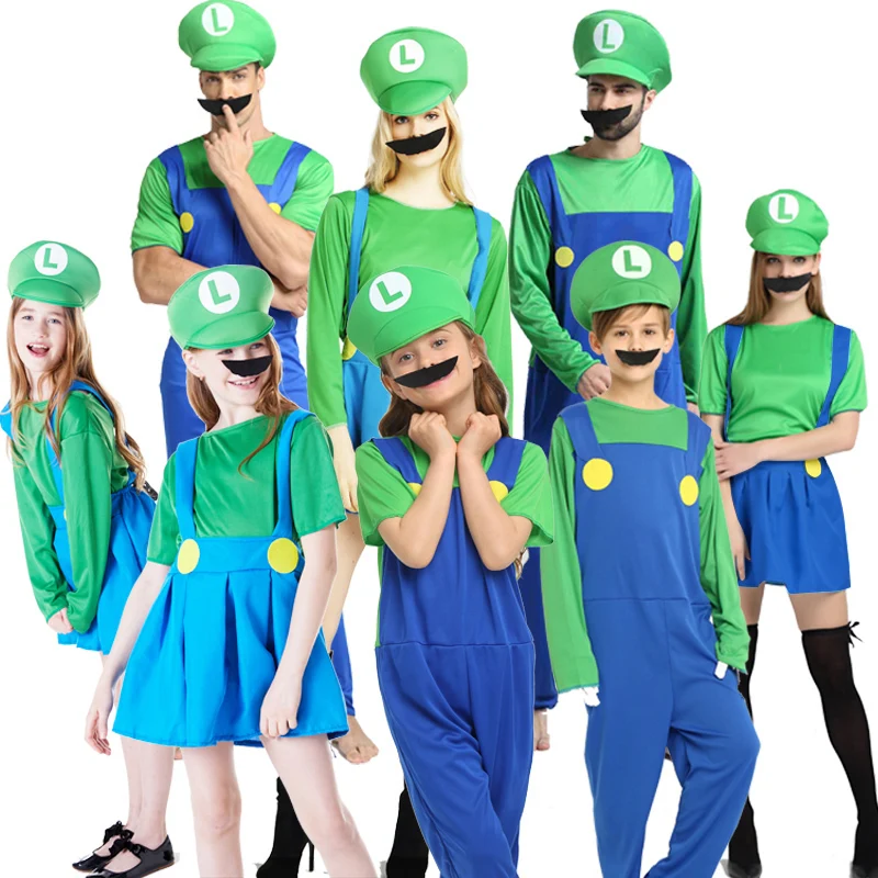Взрослый Хэллоуин Супер Марио Детский костюм косплей семья Funy Luigi Bros сантехник Пурим костюм нарядное платье Рождественские Вечерние