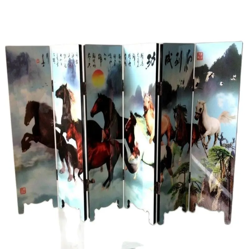 

Wood 8-Horse Picture Screen Byobu Folding Wood Unique Chinese Antique