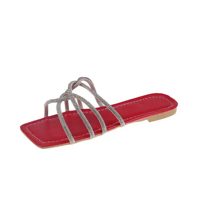 

Square head open toe slippers for women to wear 2021 summer Korean version large diamond flat bottom flat heel fashion fairy