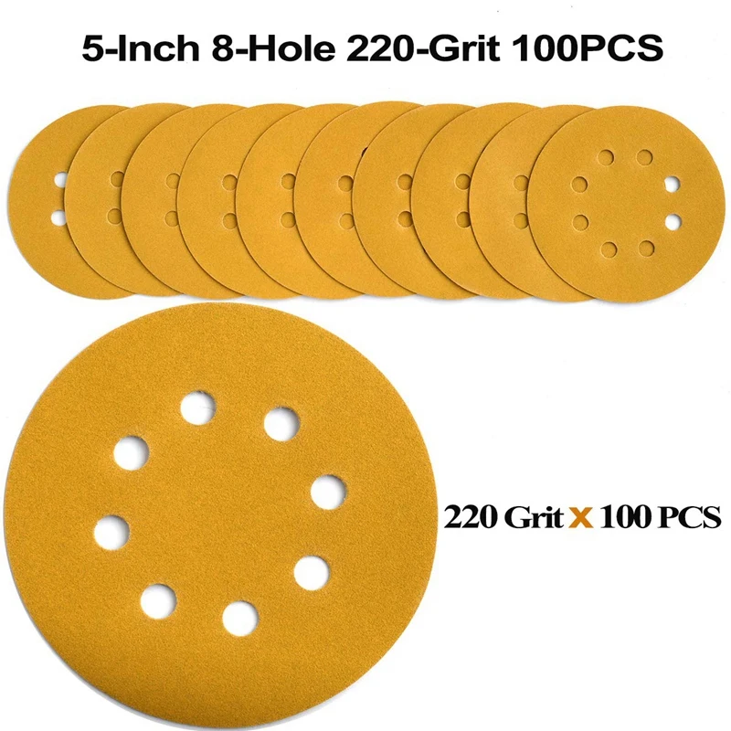 

5-Inch 8-Hole Hook and Loop Sanding Discs 220-Grit Ran Track Sandpaper, 100-Pack