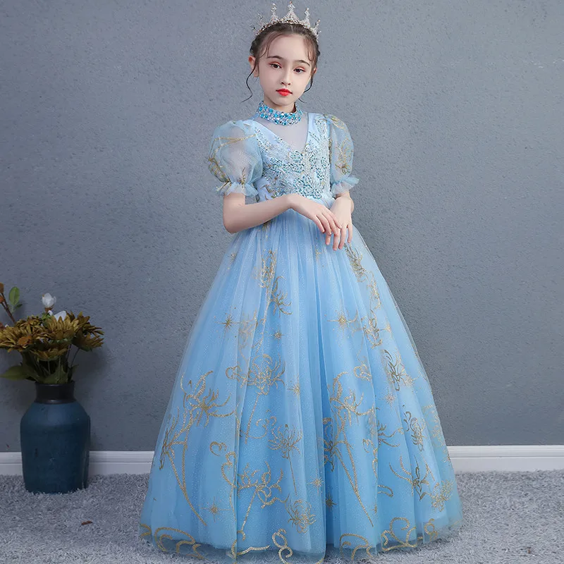 

2020Summer Luxury Children Girls Round-Collar Sequined Embroidery Model Shows Catwalk Long Dress Kids Host Evening Party Dress