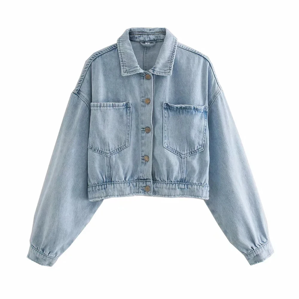 

2021 Spring Autumn New Women Pocket Blusas Buttons Long Sleeve Denim Jackets Loose Short jean Tops Lady Outerwears lapel Coat