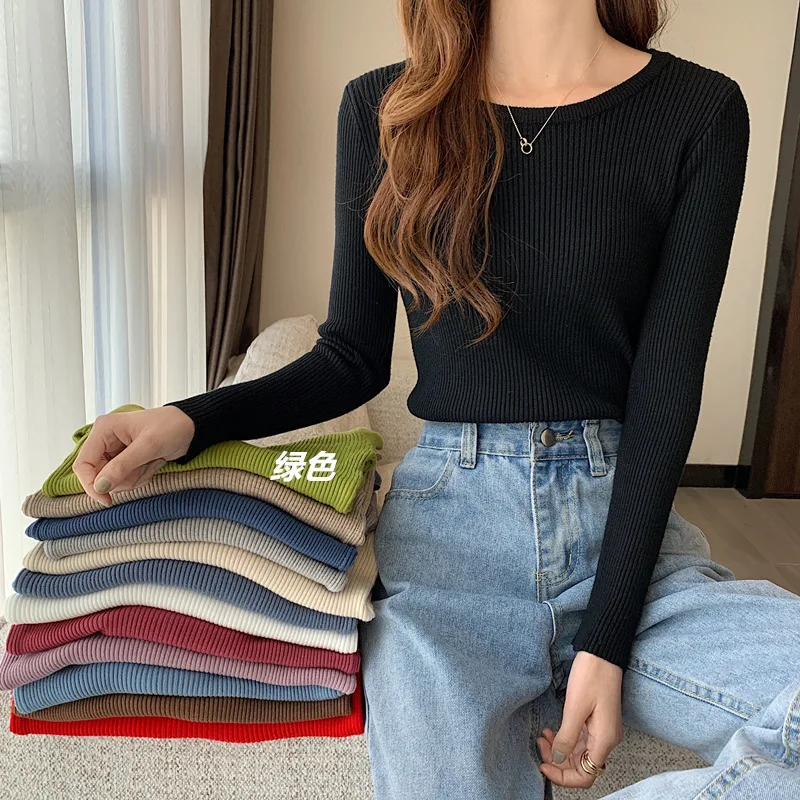 

2021 spring and autumn new all-match slim low-neck sweater women's bottoming shirt long-sleeved inner knit sweater