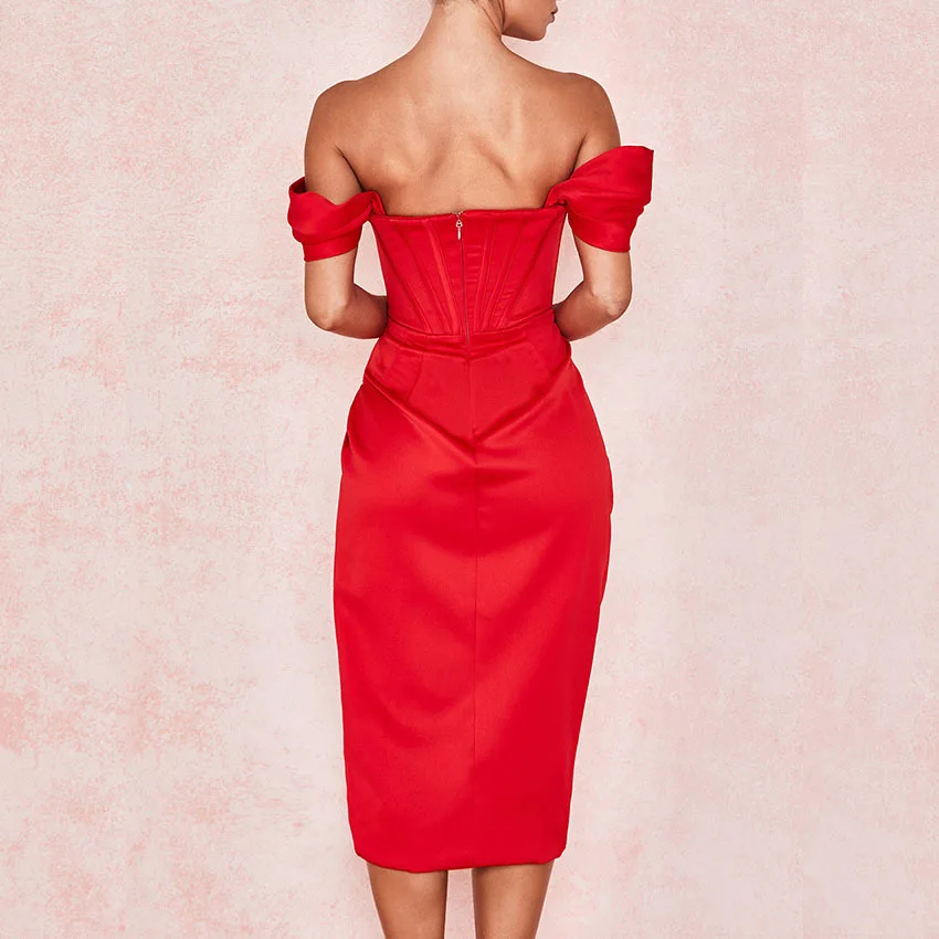 

Bevenccel Women Celebrity Evening Party Dress Sexy 2020 New Arrival Red Slash Neck Off Shoulder Bodycon Party Dress Vestidos