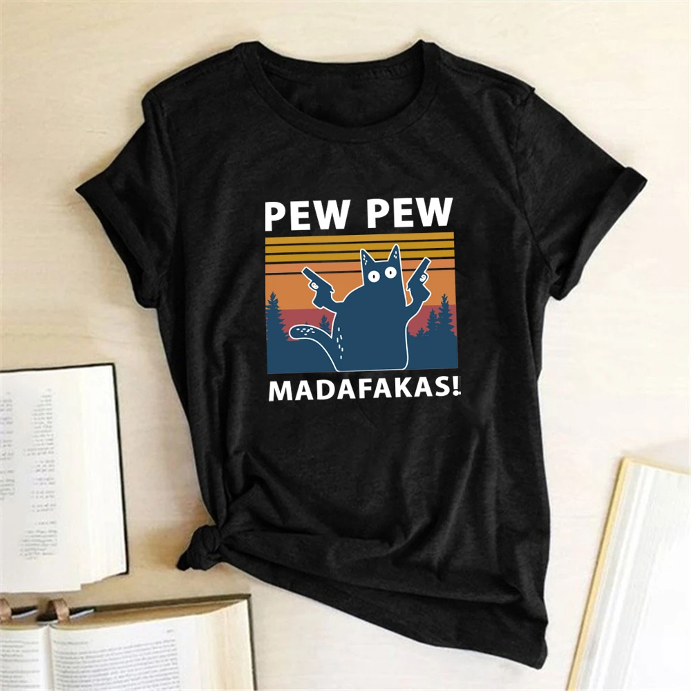 

Женские футболки с принтом Pew Madafakas, летние футболки с графическим принтом 2020, Забавные Рубашки для женщин, свободные топы с круглым вырезом ...