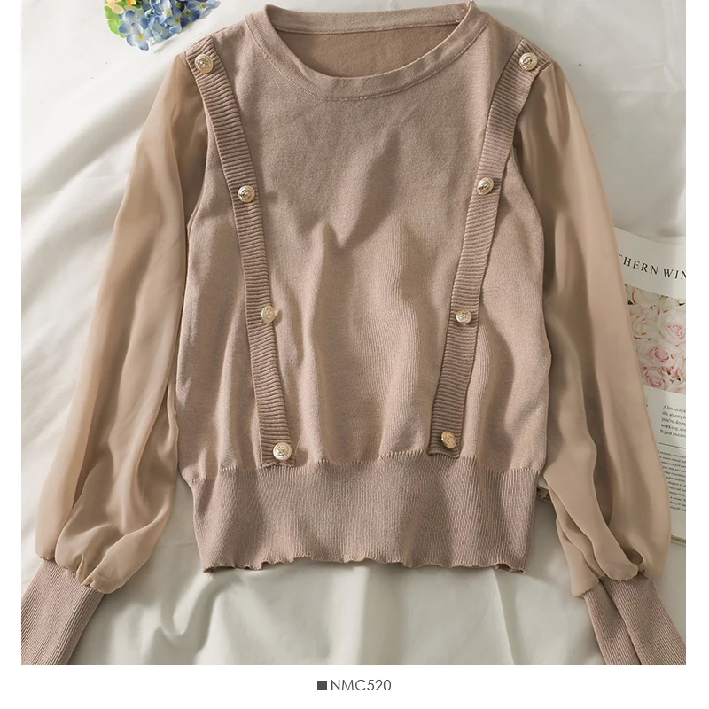 

Chiffon Stitching Long-sleeved Blouse Female Loose and Thin Hedging Wild Blusa2021 Autumn Pure Color Buttoned Sweater KK981