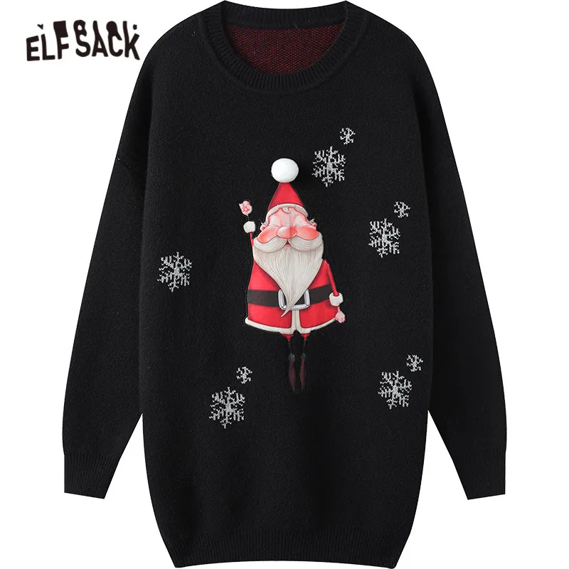 

ELFSACK Christmas Print High Waist Casual Knit Vintage Dresses Women,2021 Winter Vintage Lantern Full Sleeve Ladies Party Dress