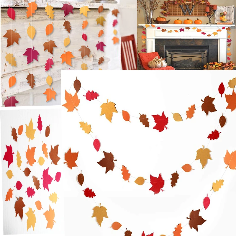 

4meters Autumn leaves garland Maple Leafs Garland Paper Leaves Hanging for Thanksgiving Day Fall Theme Birthday Party Decoration