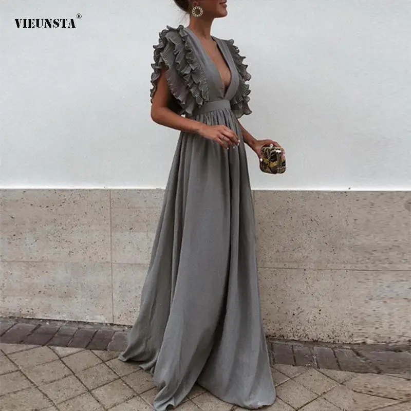 

Женское вечернее платье макси с глубоким V-образным вырезом и воланом, весна 2022, Новые облегающие платья без рукавов, модное однотонное банк...