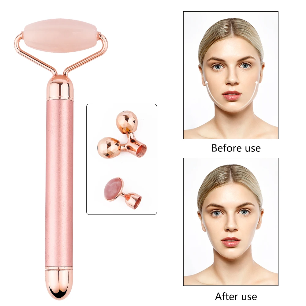 Нефритовый роллер 3 в 1 вибратор для лица из розового кварца с сменными головками