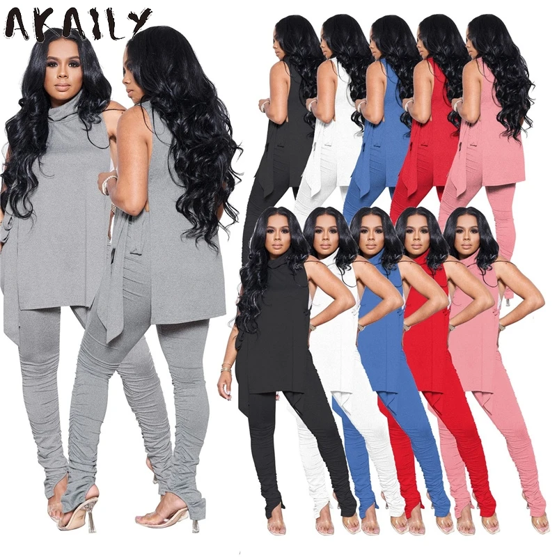 

Akaily Streetwear Sleeveless Bandage Stacked Turtleneck 2 Two Piece Sets Women Summer Sexy Hollow Out Side Slit Women Outfits