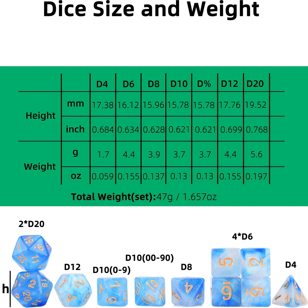 

Chameleon Dice Set 11pc with Drawstring Bag Glittery Blue and White for Tabletop Games DnD 5e