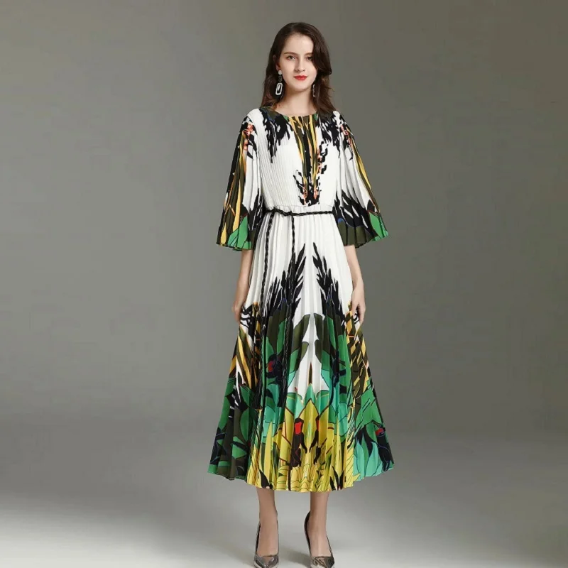 

High Quality Silk Long Dress 2020 Spring Summer Women Geometric Prints Flare Sleeve Pleated Casual Long Maxi Dress Bohemia Beach