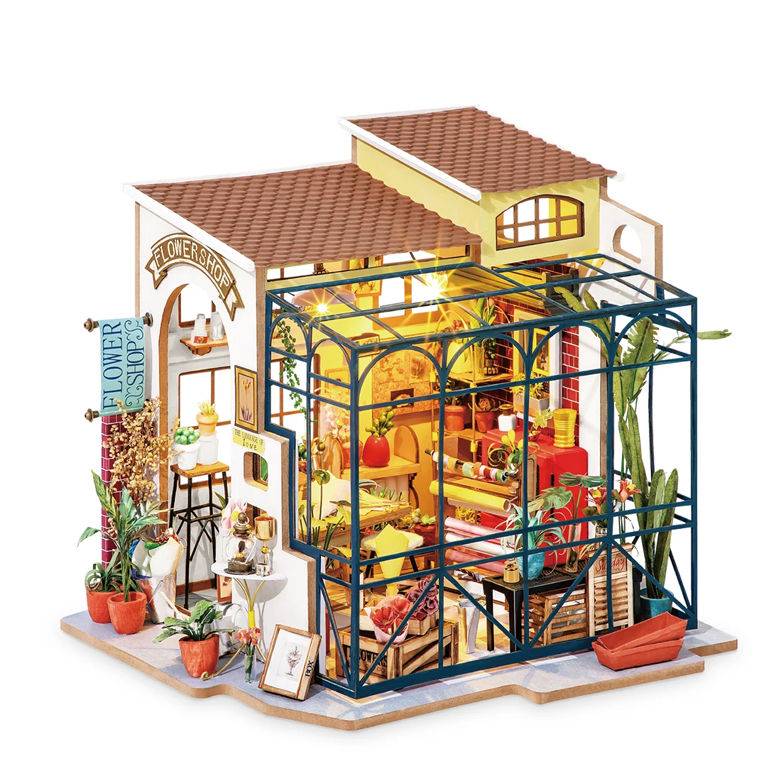 

Emily'S Flower Nancy'S Bake Carl' Fruit Shop Joy'S Peninsula Living Room DIY 3D Wooden Miniature Dollhouse Puzzle Model With LED
