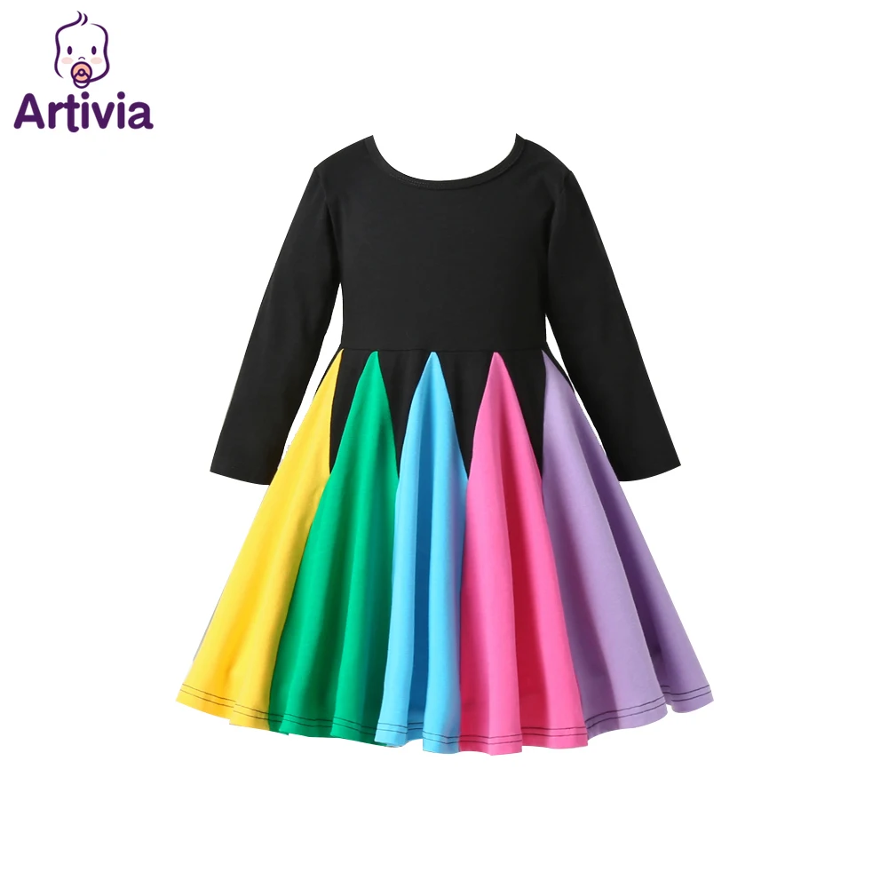 

New Fashion Fall Winter Rainbow Long Sleeve Cotton Color Block Cute Baby Girl Cotton Party Dresses for Kids Princess Girls Dress