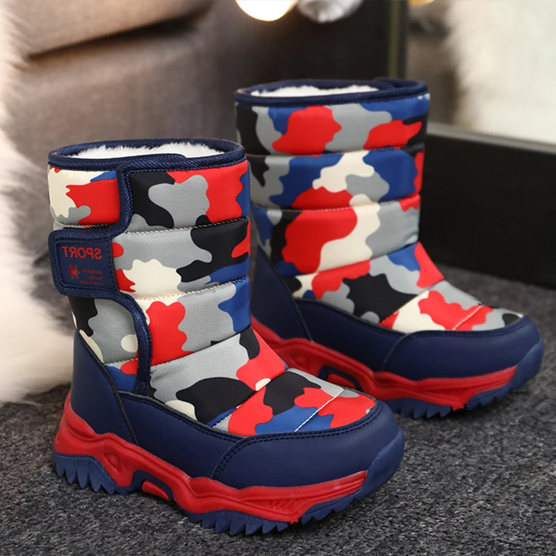 Botas de invierno para ni&ntilde;os, botines de terciopelo c&aacute;lido para la nieve, forro de algod&oacute;n, zapatos de cuero a prueba de agua para ni&ntilde;os, suministros de actividades al aire libre-3