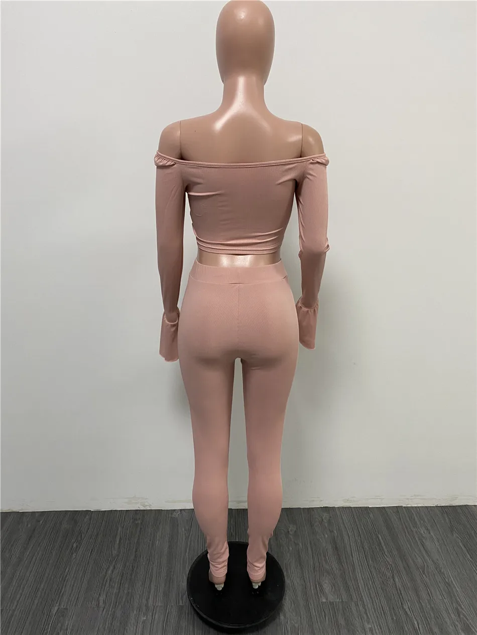 

Women Two Peice Outfit Pink/apricot Ruched Drawstring Ruffle Sleeve Ribbed Tops and Elastic Hight Long Legging Fitness Tracksuit