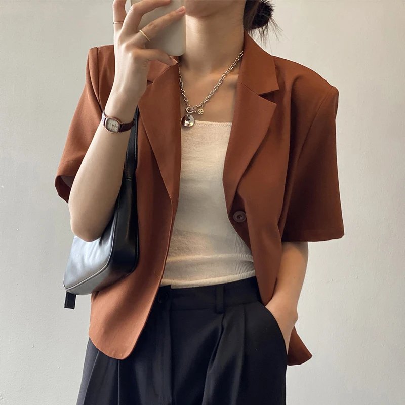 

Пиджаки для женщин однотонные футболки с короткими рукавами маленький костюм Для женщин 2021 новые летние корейские свободные темперамент, п...