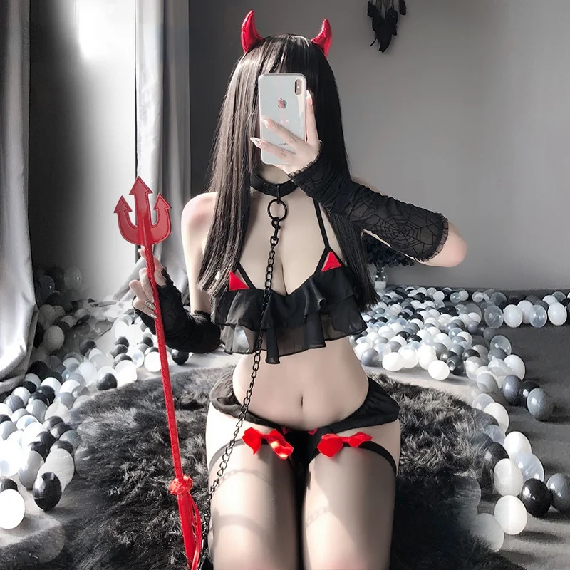 

Sexy Little Devil Cosplay Costumes Black White Colors Chiffon 3Pcs Confortable Stretch Bra Set Erotic Gothic Outfit 2021 New