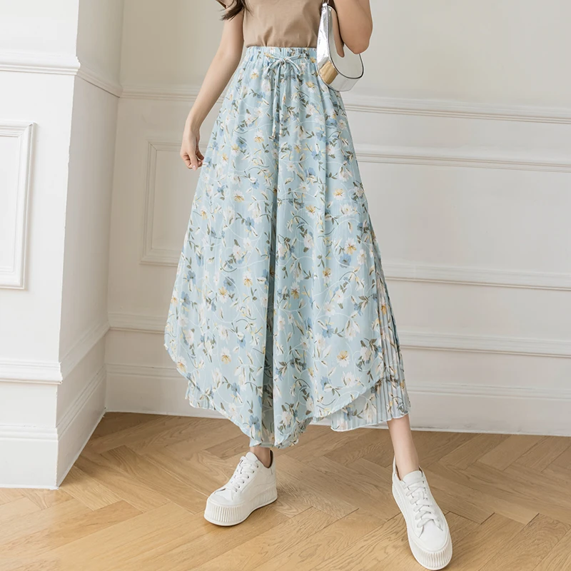 

Limiguyue Summer Women Ankle Trousers Pantalones Chiffon Floral Wide Leg Pants High Waist Pleated Lace-Up Flowy Pant Skirt K1955
