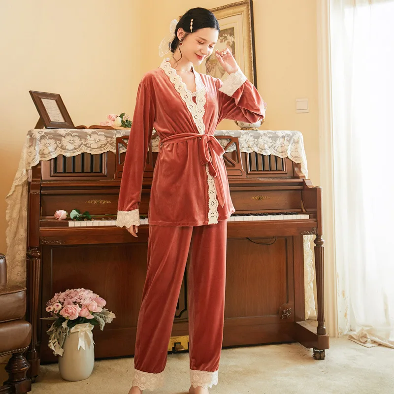 

Women Winter Velvet Pajamas Sets Retro Vintage Lace Sleepwear Sleep Tops Robes Bottoms Pants 3 Pieces Pyjamas Home Lounge Wear