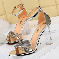 2021 women rhinestone block heels sandals 9 5cm clear high heels open toe sandals transparent crystal plus size 43 party shoes