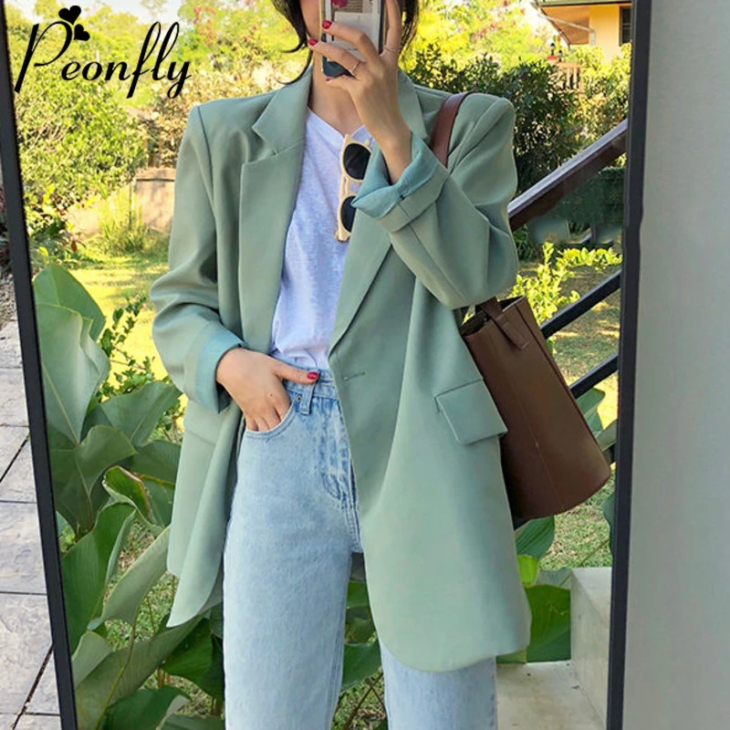 

Peonfly Women 2021 Fashion Casual Double Breasted Blazers Coat Vintage Notched Long Sleeve Female Outerwear Chic Tops Green