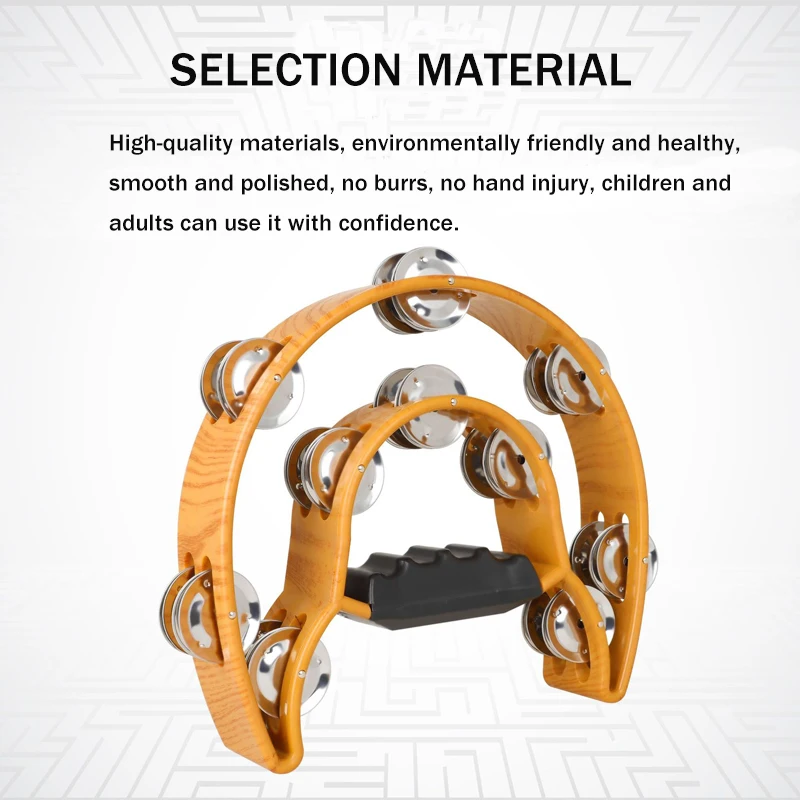 Double Half Moon Tambourine Percussion Musical Instruments Hand Bell Drum for Party KTV with Wood Handle Metal Jingle Bells | Спорт и