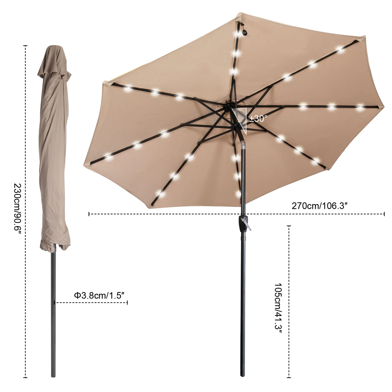 

【USA READY STOCK】2.7M Garden Parasol with Solar-Powered LED Lights, Patio Umbrella with 8 Sturdy Ribs