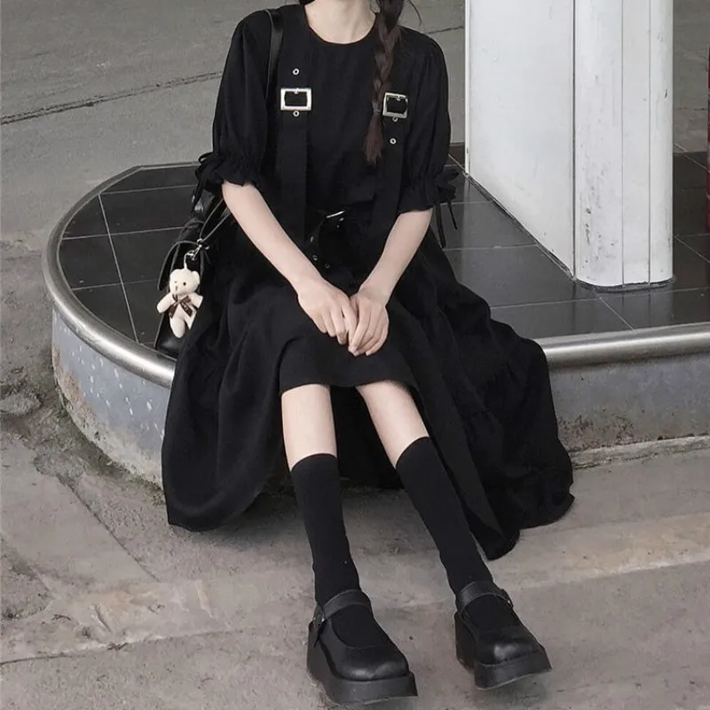 

Dress Women O-Neck Black Summer Strap Midi Dresses Japanese Harajuku Streetwear Loose Lace Up BF Cool Ins Popular Elegant Casual