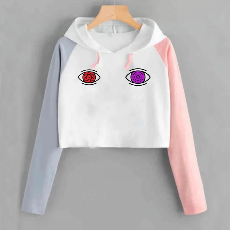 Harajuku аниме толстовки для женщин Наруто укороченная Толстовка Uchiha Uzumaki Hatake Eyes пуловер с рисунком толстовка хип хоп Уличная - Цвет: 18