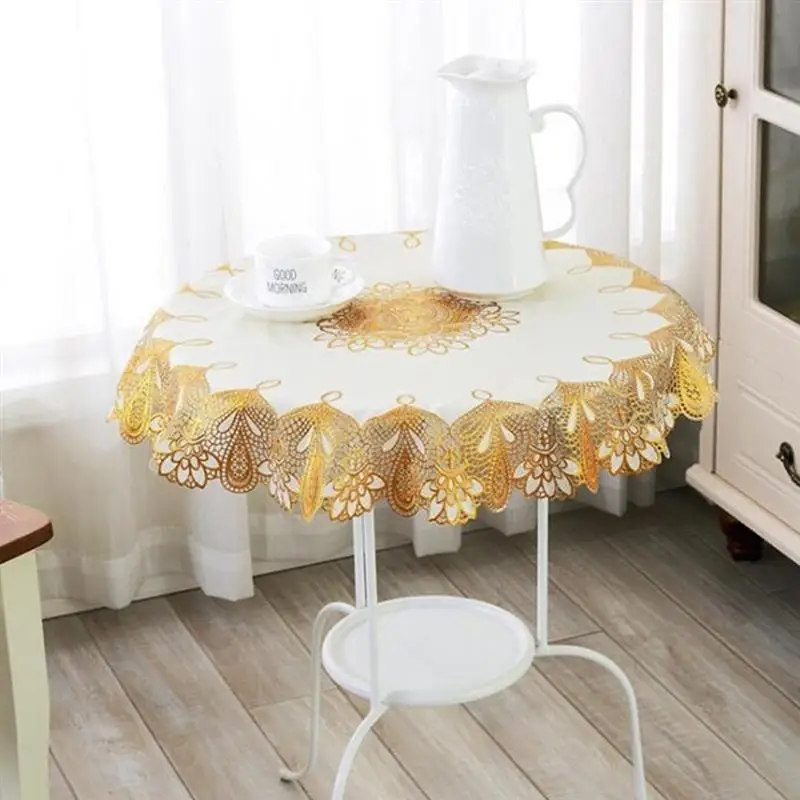 

Round Tablecloth PVC Spillproof Hollow out European Classical Decorative Table Cloth for Dining Room Kitchen Home Decor