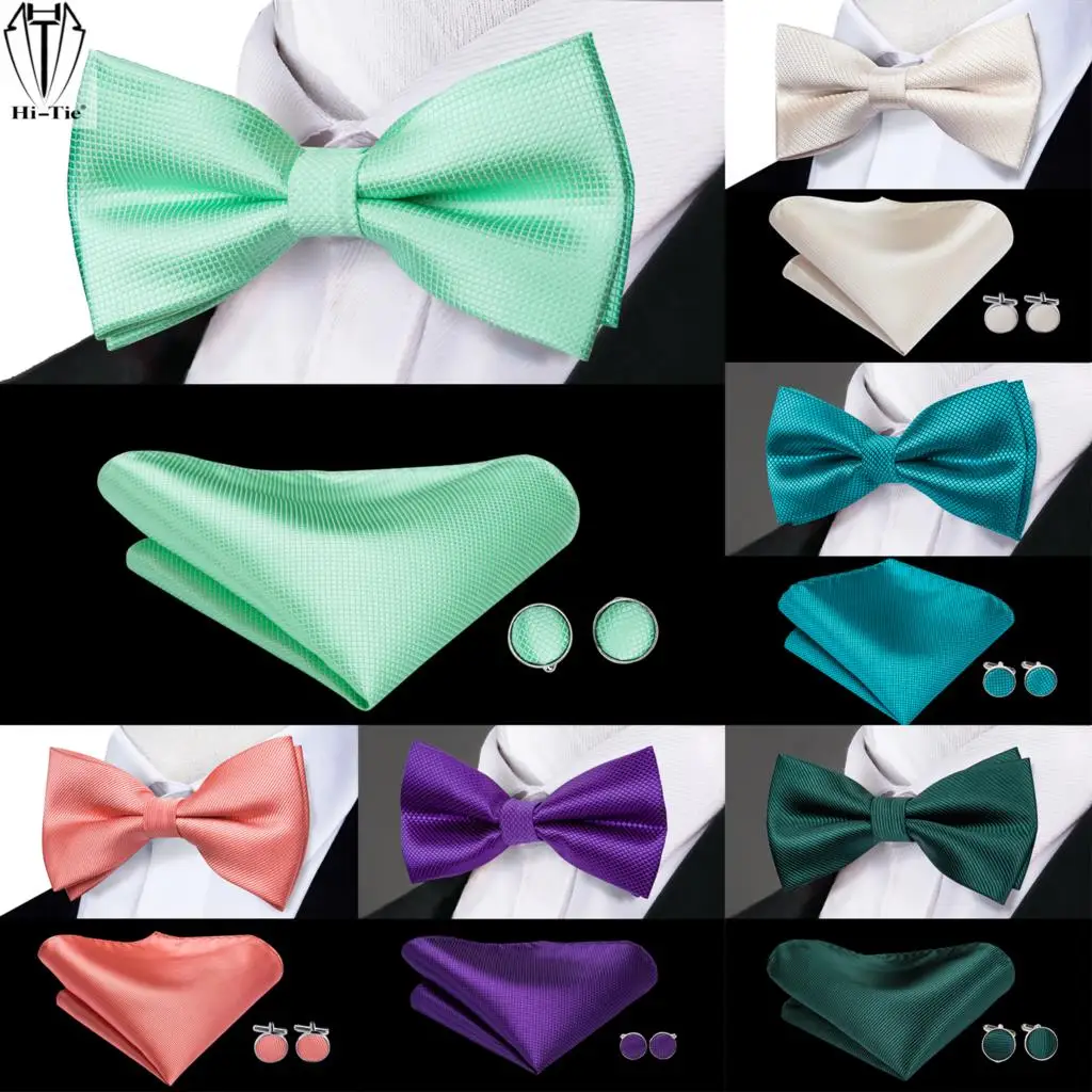 

Hi-Tie Silk Mens Bowtie Adult Ivory Teal Green Purple Pink Plain Bow Tie Hanky Cufflinks Pre-tied for Men Male Butterfly Bowknot
