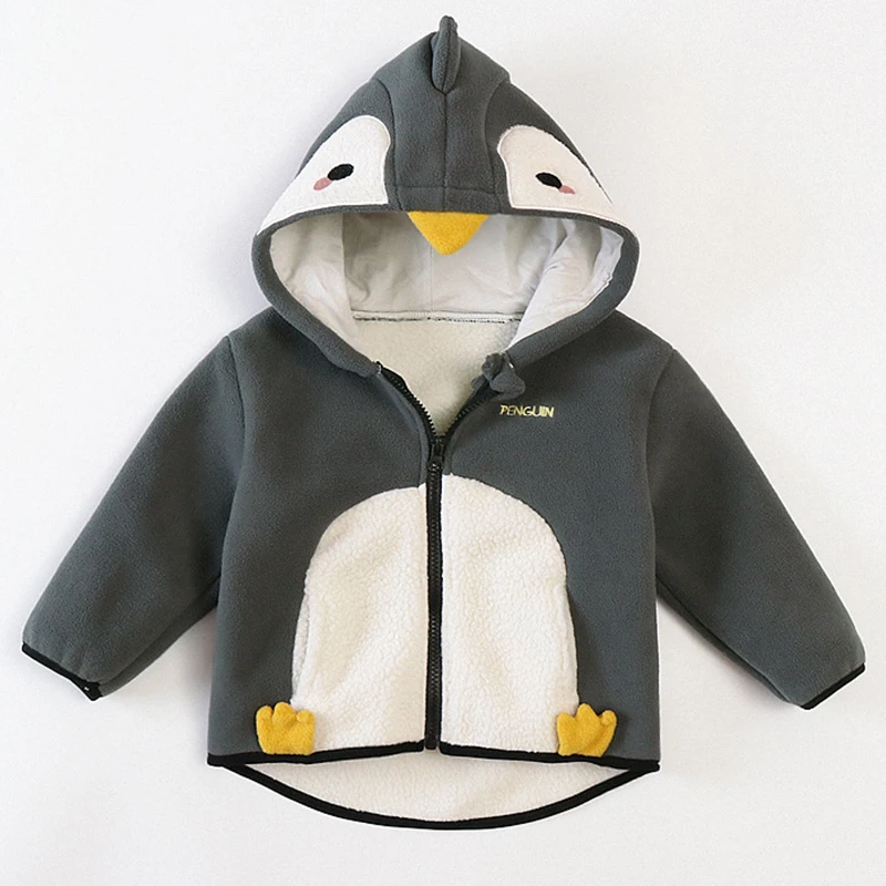 

Jacket for Boys Autumn New Plus Velvet Warm Cartoon Penguin Hoodied Zipper Coat for Girls Clothes Newborn Infant Kids Outerwear